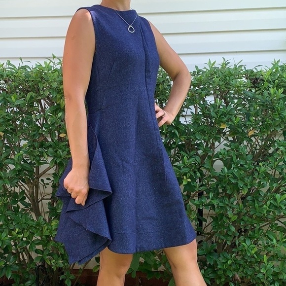 Tish Cox Blue wool dress ruffle midi sleeveless - Picture 7 of 16